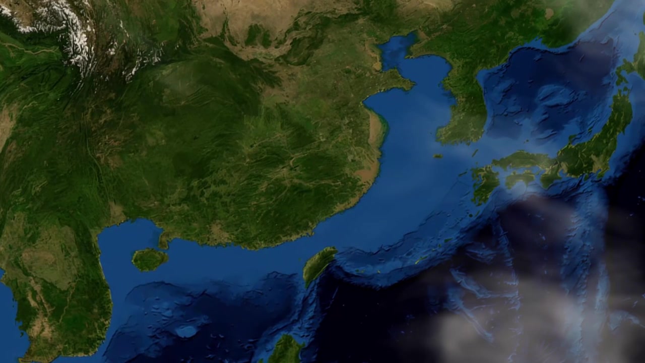 深宇宙から地球へとズームインし、中国の衢州市をマーカーで示す衛星アニメーション。NASAのパブリックドメイン画像を使用