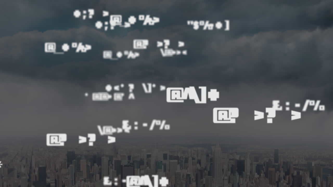 도시 풍경 위에 떠다니는 아이콘의 애니메이션