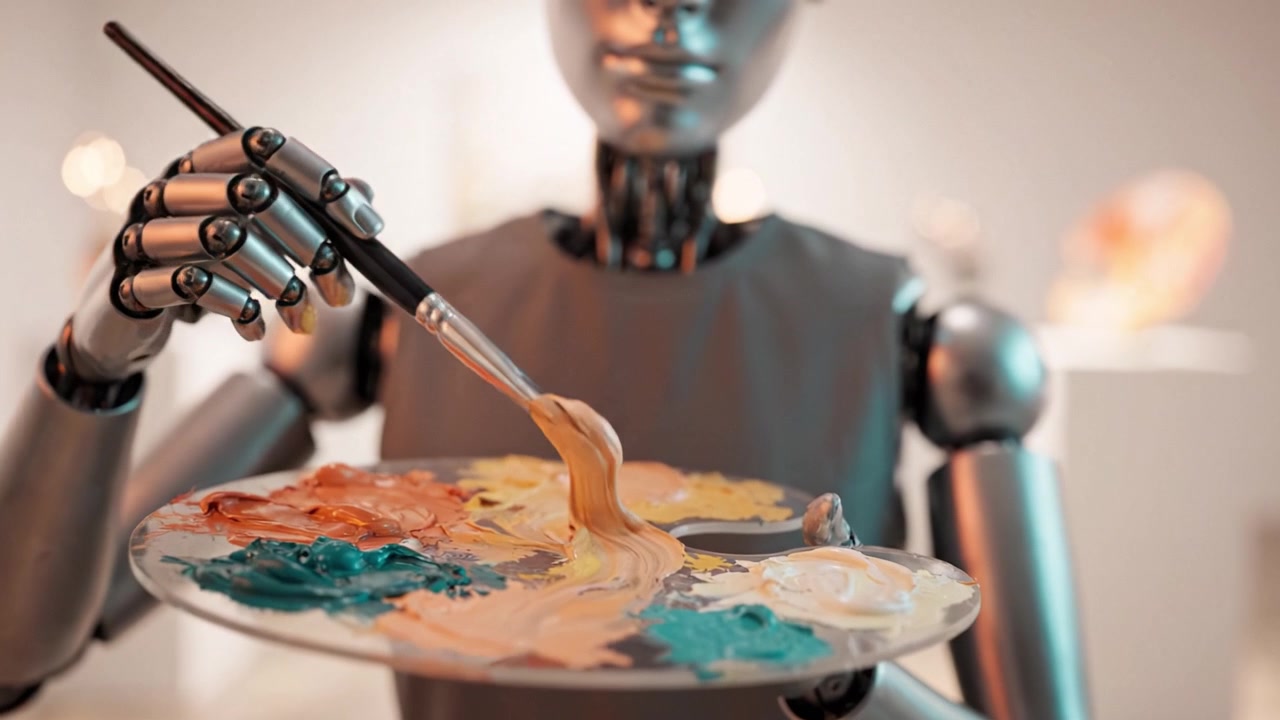 Un robot artistico che dipinge con una tavolozza di colori in una galleria d'arte moderna che espone sculture uniche e creazioni artistiche.