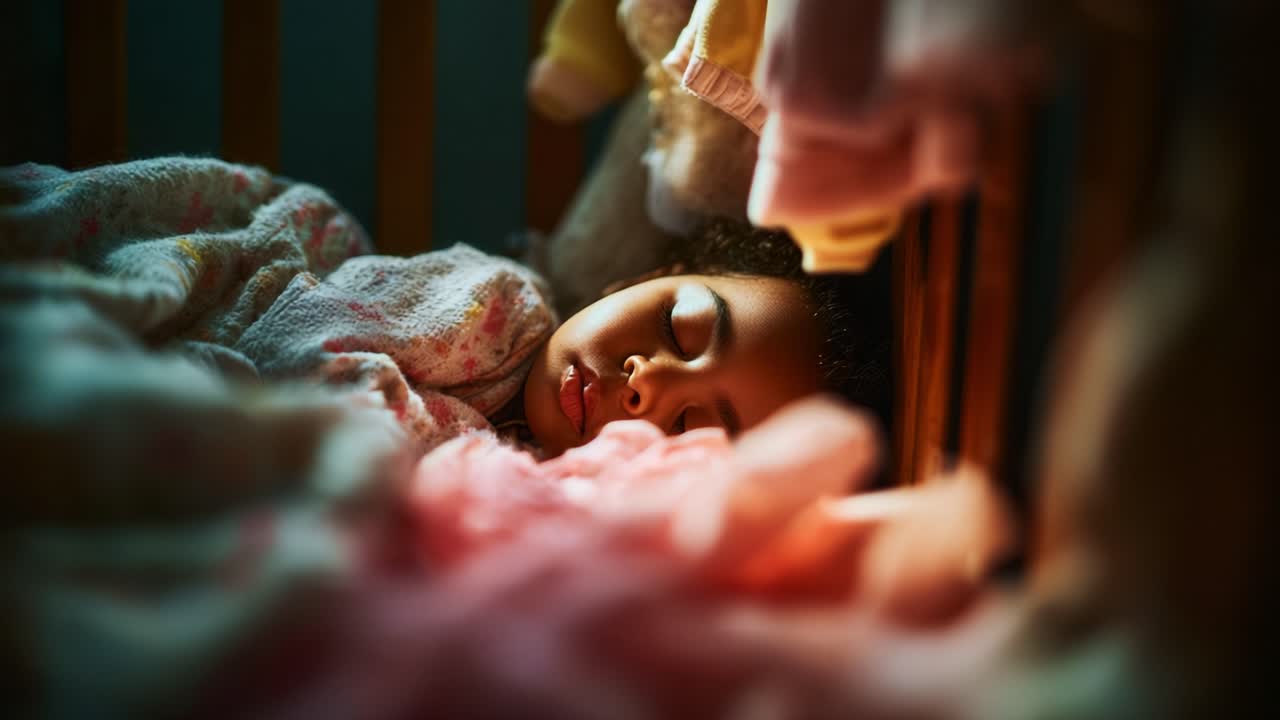 A Serene Moment: A Child Sleeping Peacefully in a Cozy Crib Surrounded by Soft Blankets and Warm Hues, Capturing the Innocence and Tranquility of Early Childhood Nap Time