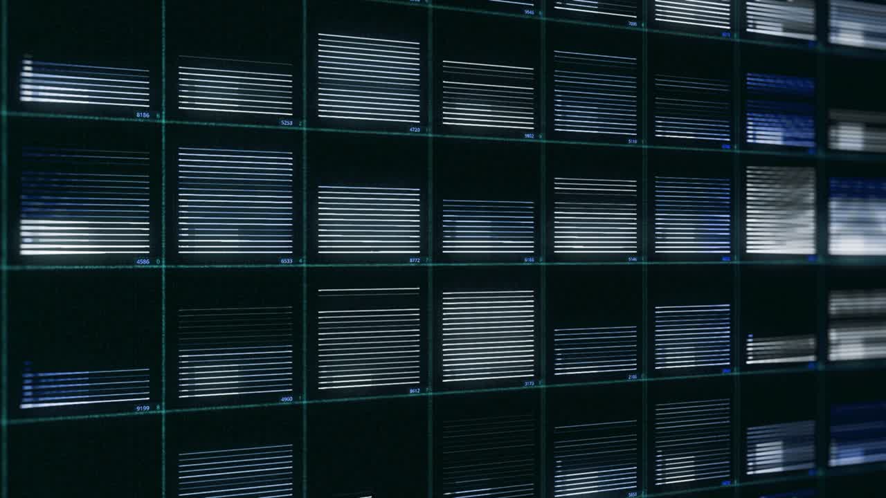 Futuristic elements, battery charging process visualization. Animation. Colorful panel with rows of many elements being charged, abstract digital background, seamless loop.