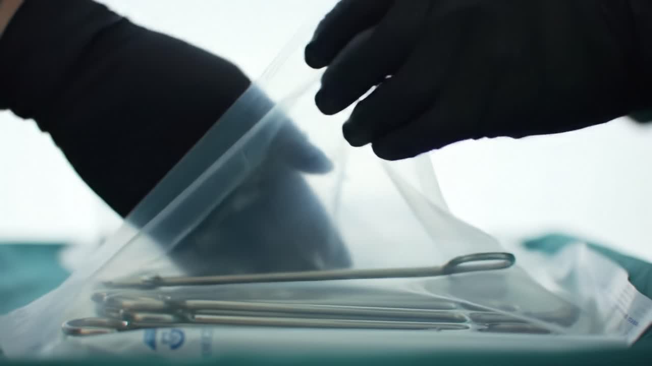 Surgical Preparation: A Close-Up Examination of Sterile Instruments Being Handled in a Clinical Environment by a Gloved Hand