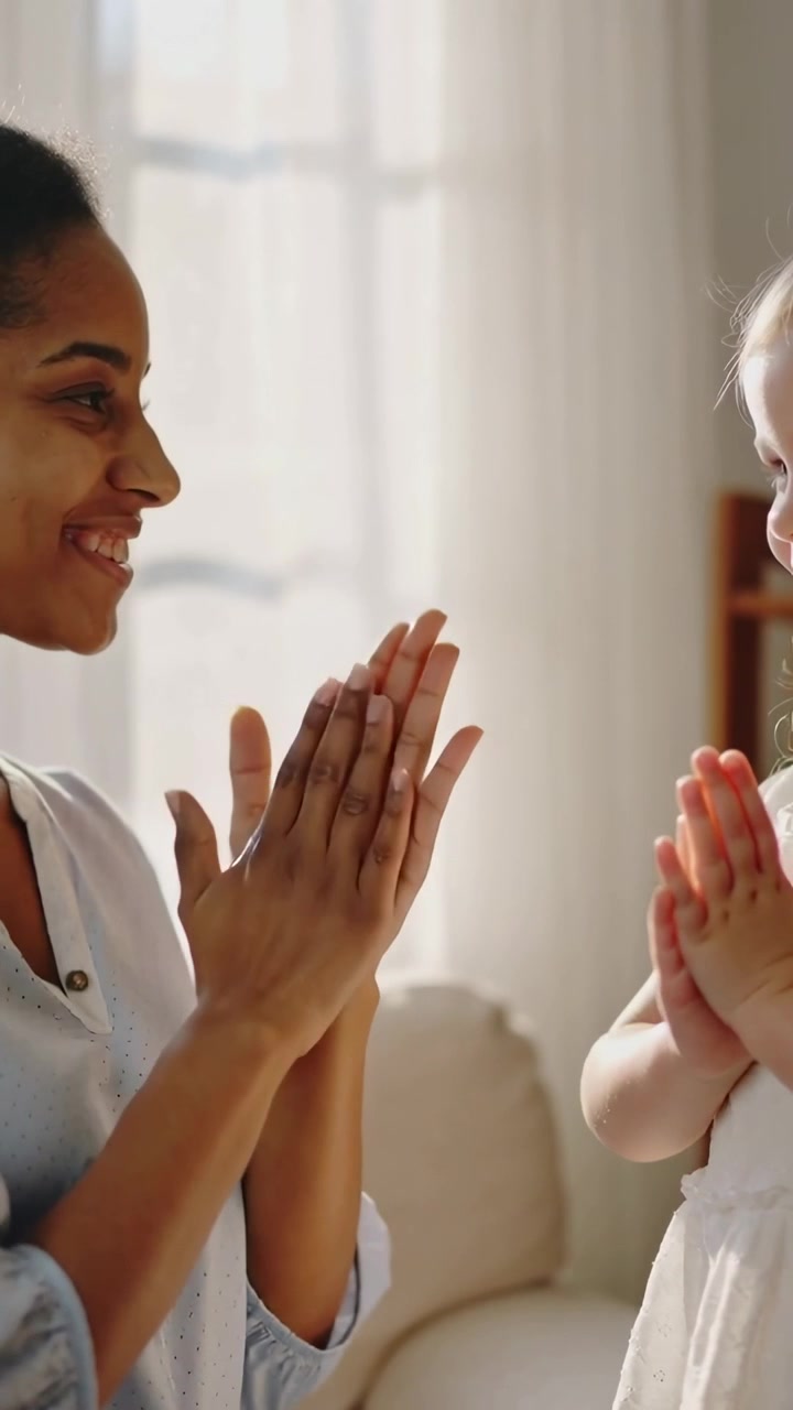 Vertical video: Raising hands mom in light top teaching child white dress matching claps by window