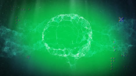 Digital-animation-of-abstract-shapes-over-human-brain-spinning-against-green-background