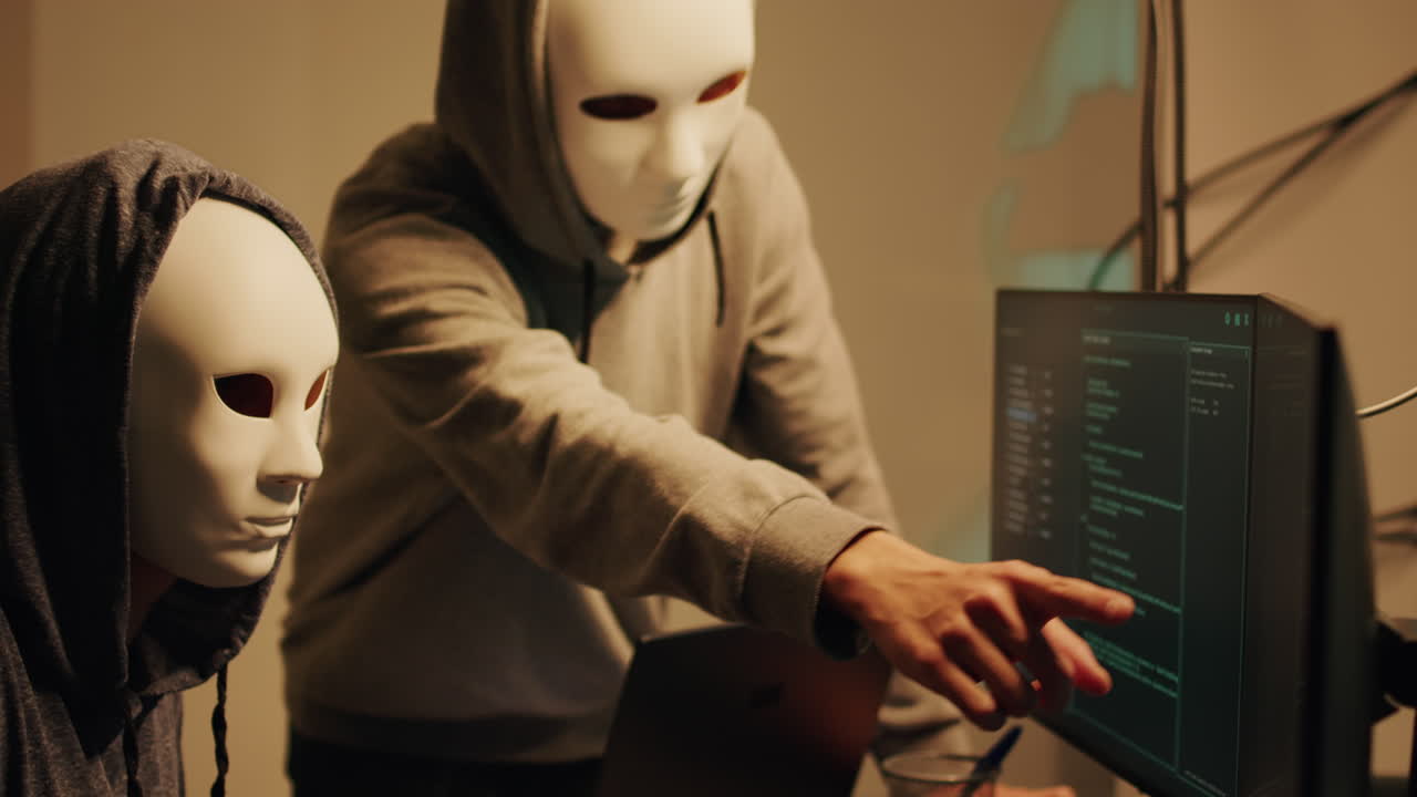 Hackers with masks working on computers