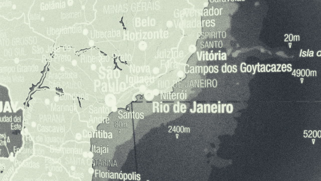 A detailed map showing the southeastern coast of Brazil and surrounding areas, including major cities and ocean depths