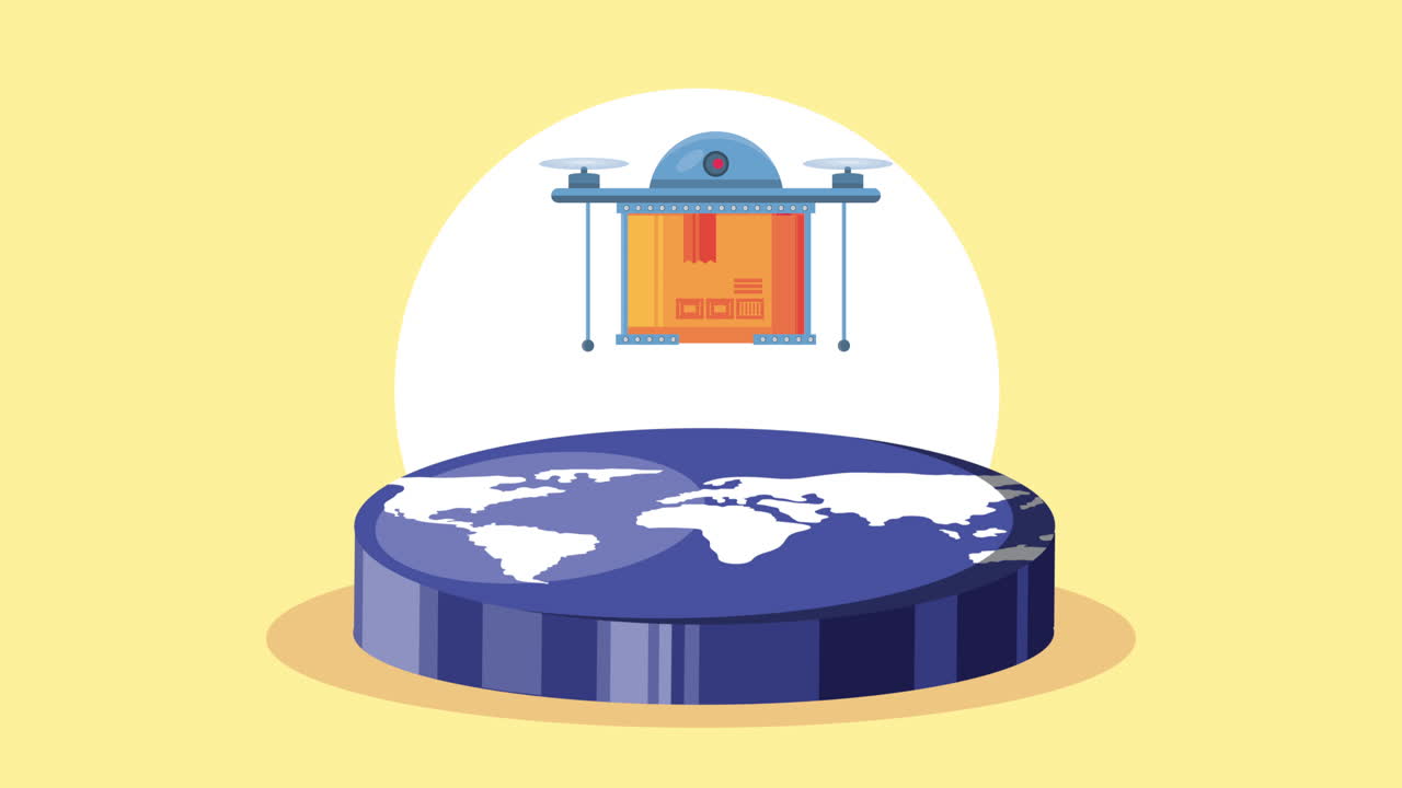 드론 및 월드 팔넷 애니메이션에서 배달 서비스 박스