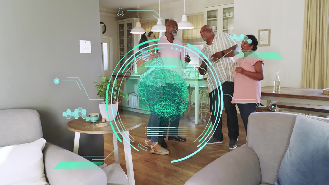 Four adults standing island-side while teal HUD appearing, demoing home tech, sharing phone pics