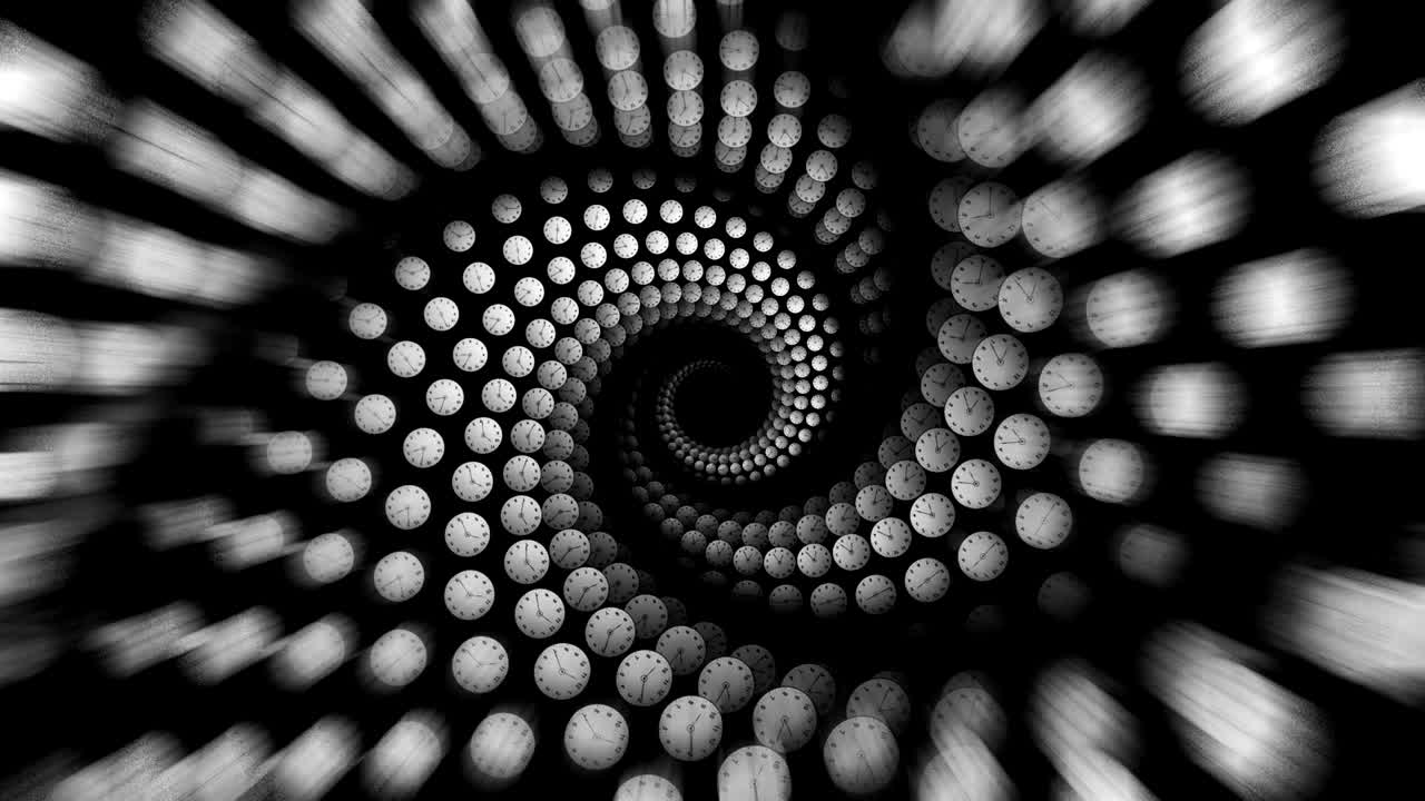 Animazione a spirale di orologi, concetto di tempo, rendering, sfondo, con canale alfa, loop.