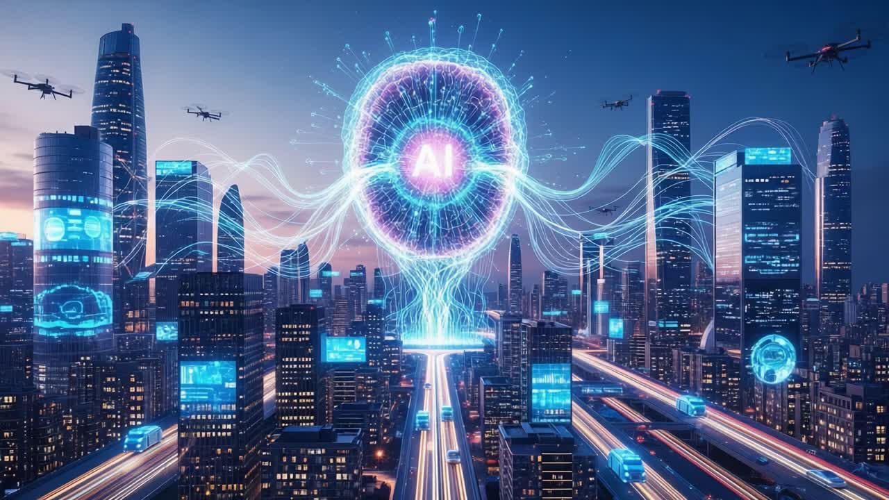 Innovative Futuristic City Scene Showcasing Artificial Intelligence Integration Amidst Skyscrapers, Drones, and Advanced Data Flows in a Vibrant Urban Environment