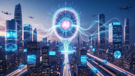 innovative futuristic city scene showcasing artificial intelligence integration amidst skyscrapers, drones, and advanced data flows in a vibrant urban environment