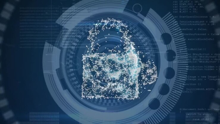 Animation of cloud and digital padlock over blue background