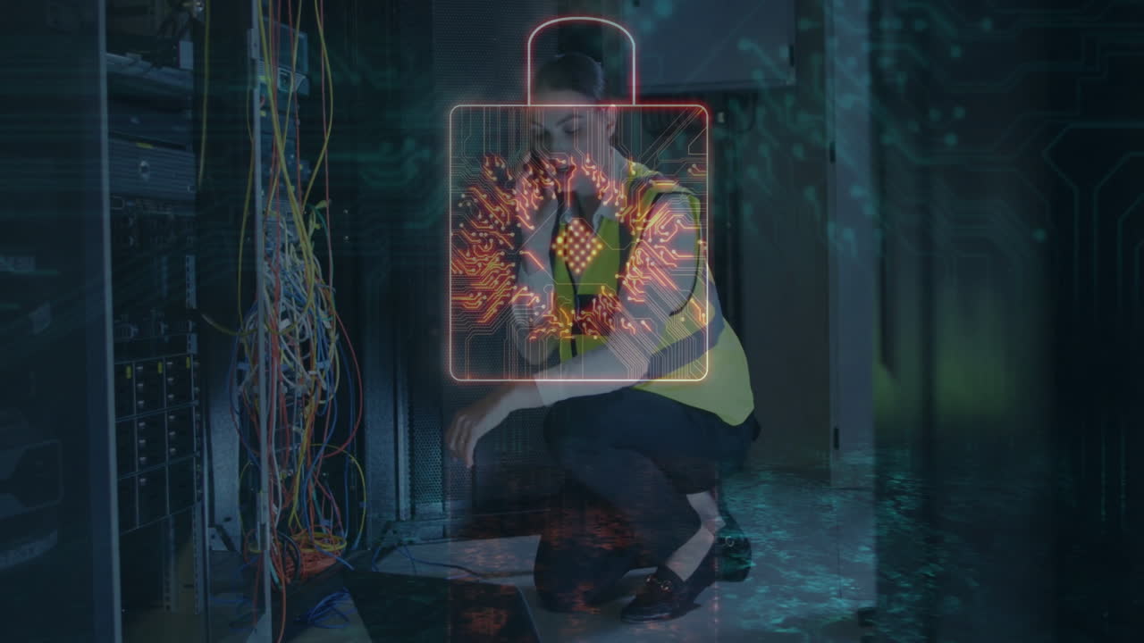 Technician working on server cables with digital lock animation overlay