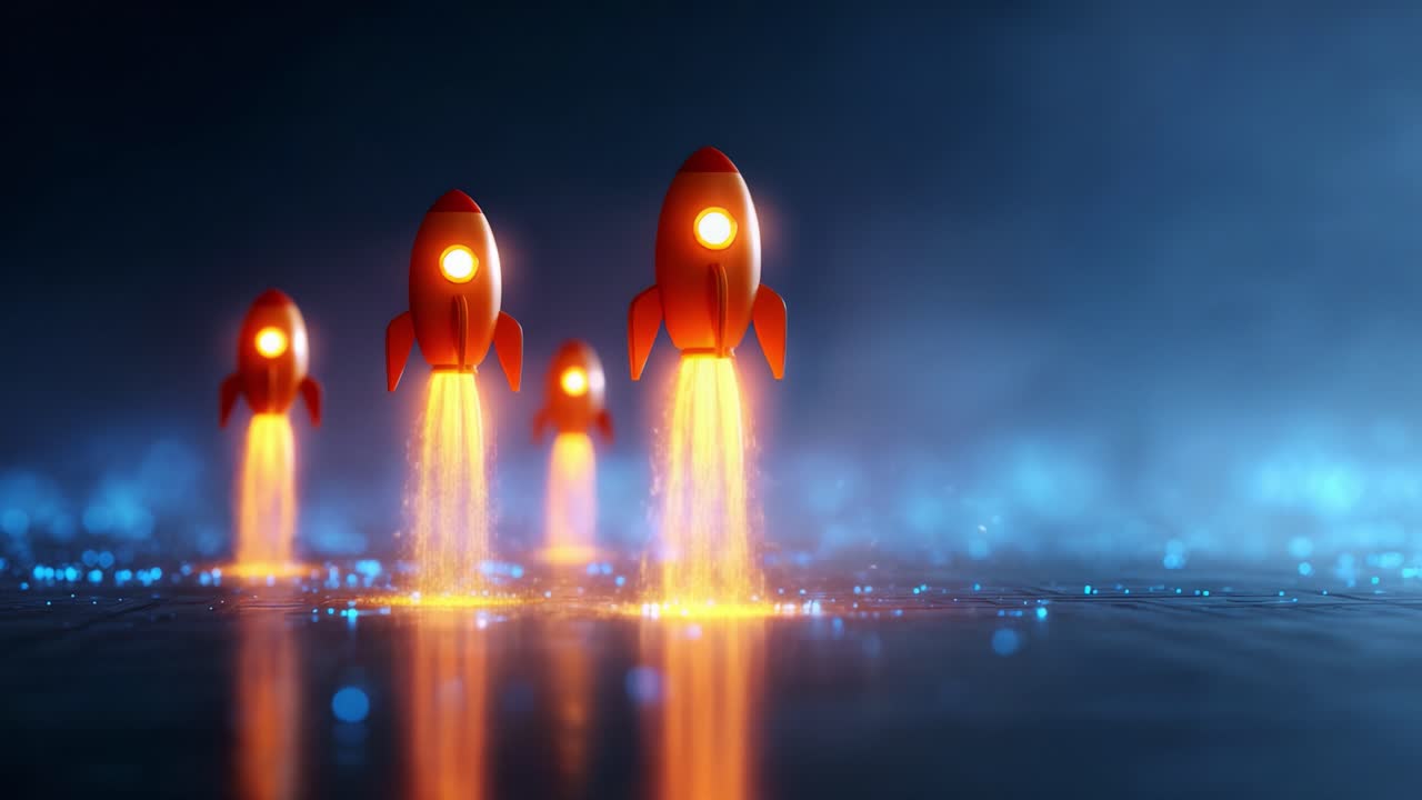 Captivating Launch Sequence of Bright Red Rockets Igniting Their Thrusters Against a Mysterious Blue Background With Sparkling Effects, Symbolizing Adventure and Innovation