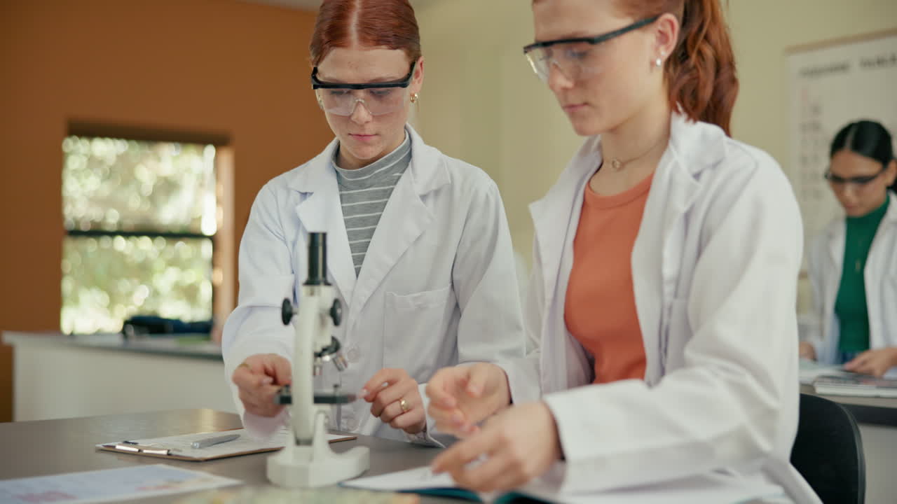 Students working with a microscope in a classroom