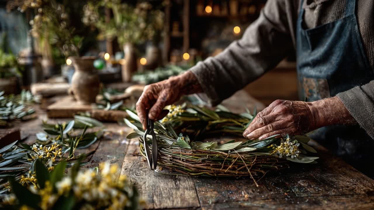 Crafting a Beautiful Wreath: A Hands-On Experience in an Artisan Workshop Surrounded by Nature’s Greenery and Delicate Floral Accents