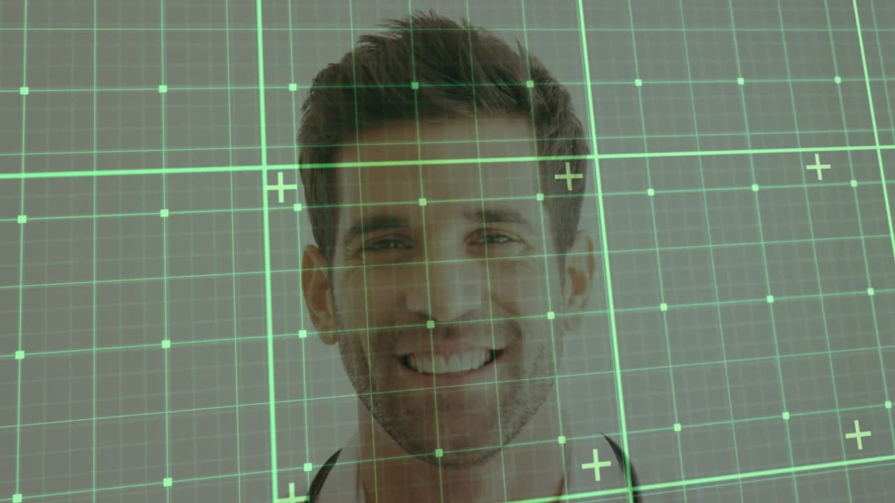 Clinician facing sensor, AR grid scanning and aligning stethoscope, revealing smile for health ID