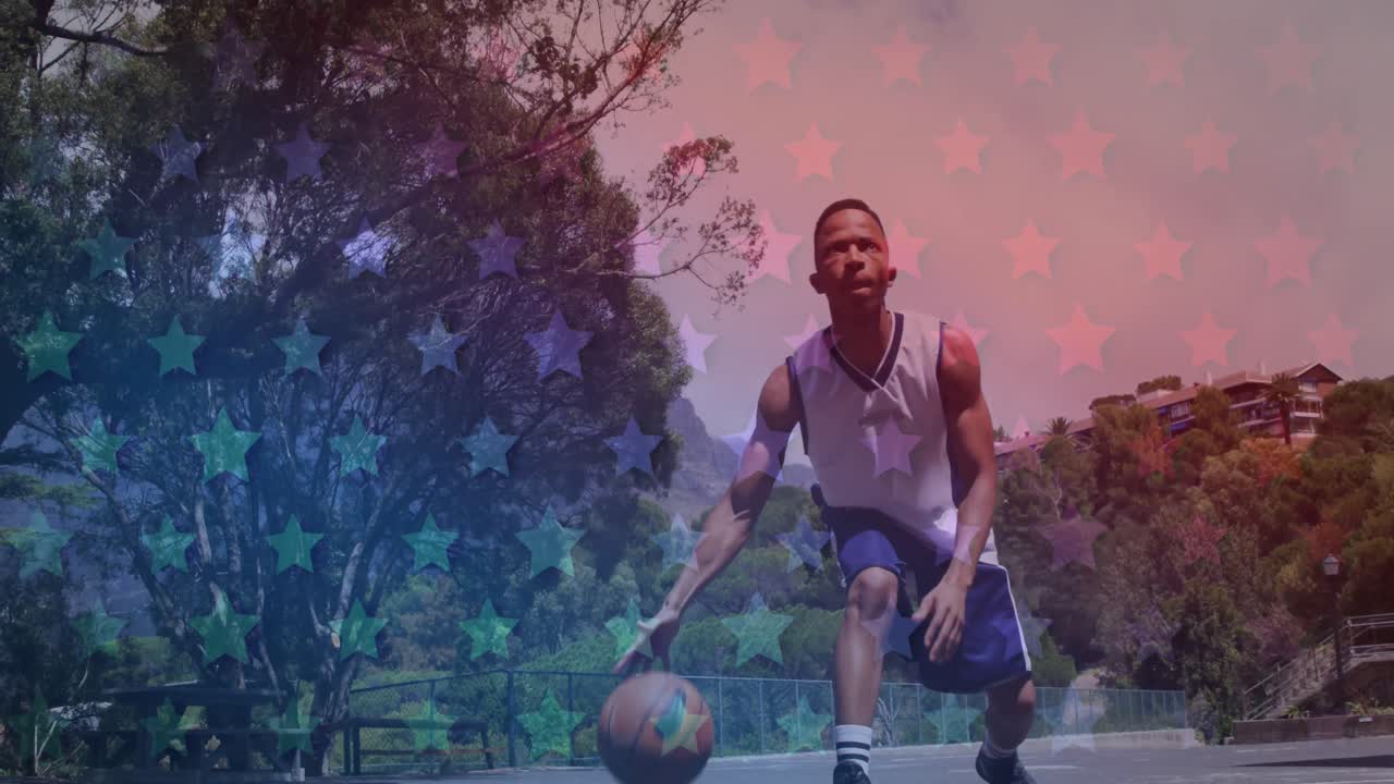 diseño de patrones de iconos de estrellas contra un jugador de baloncesto afroamericano practicando baloncesto