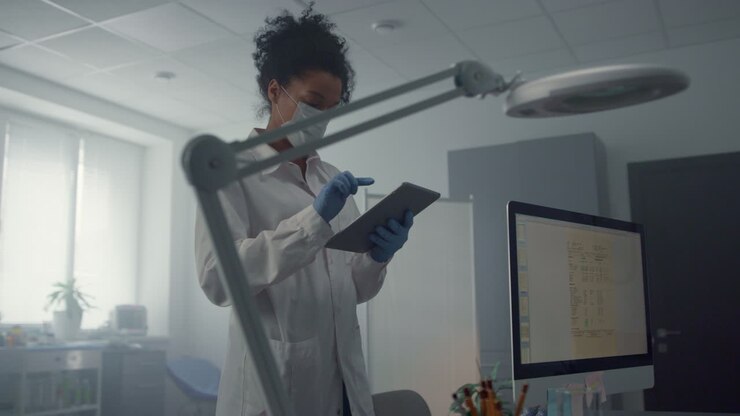 Woman therapist looking patient data on tablet. Doctor checking patient health.