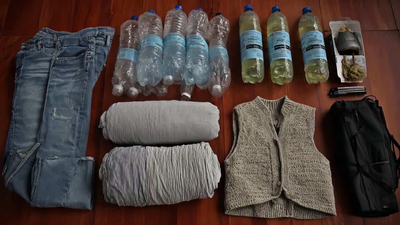A Neatly Arranged Collection of Essential Supplies Including Bottled Water, Clothing, and Food Items Displayed on a Wooden Surface for Easy Organization and Planning