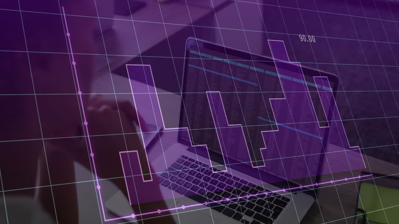 Graph animation overlaying laptop screen with coding in office setting