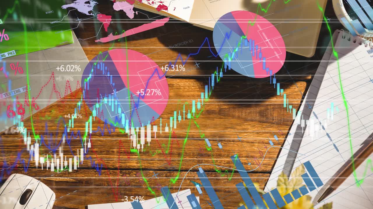 Digital composite video of financial data processing office equipment on office desk