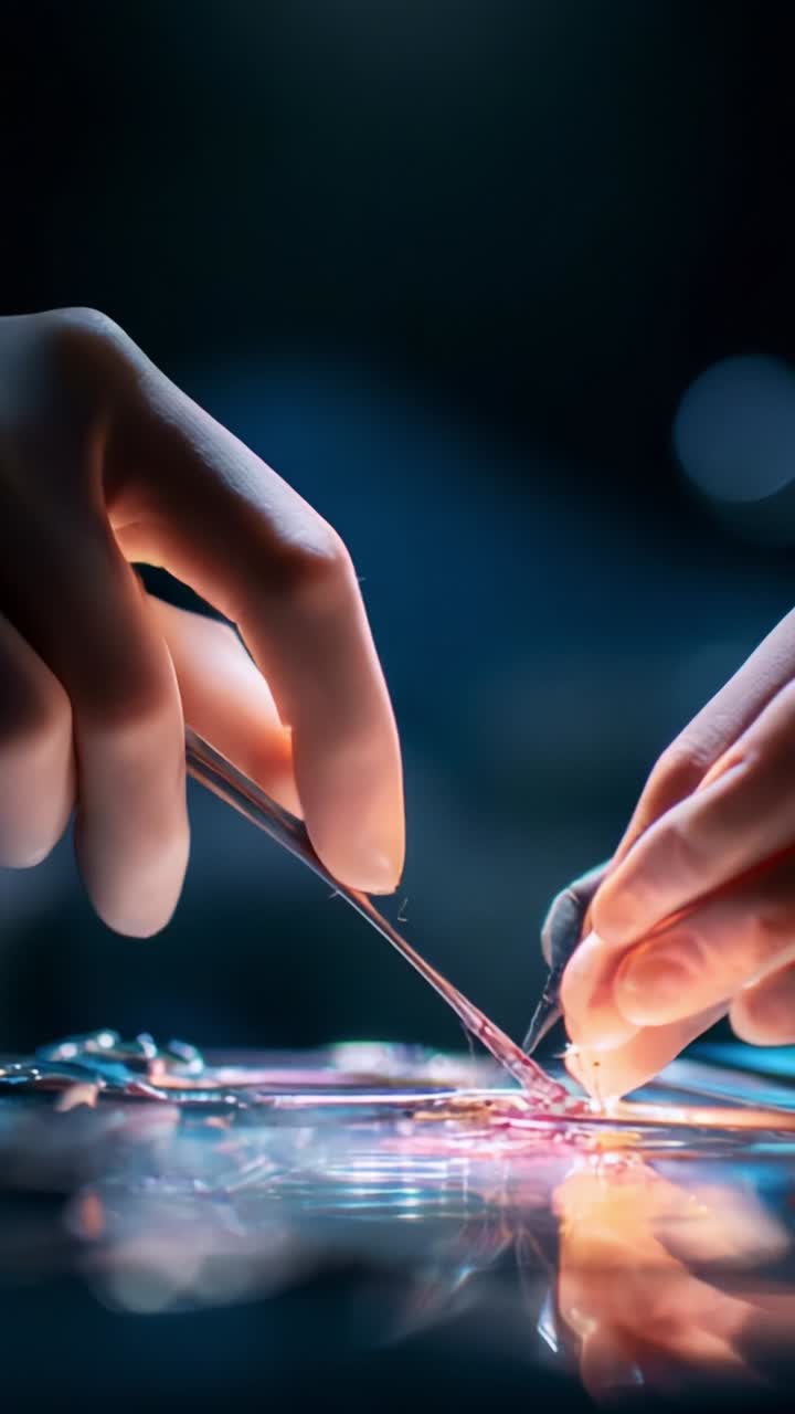 Delicate Surgical Procedure Showcasing Precision and Skill in a Lighted Operating Room with Focused Hands Performing an Intricate Task with Care