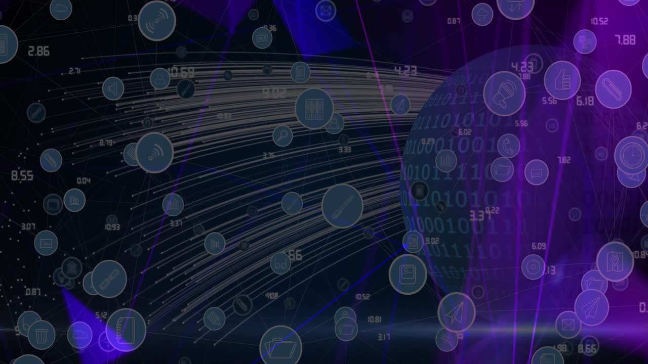 Animation of digital icons over globe with binary coding in background