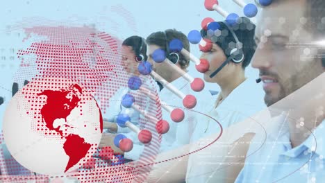 Animation-of-globe-and-dna-strand-over-business-people-using-phone-headsets