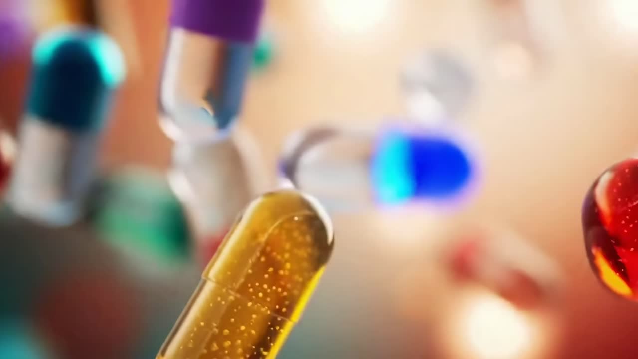 Video ravvicinato di capsule colorate che fluttuano a mezz'aria, che mostra uno stile dinamico e vibrante.