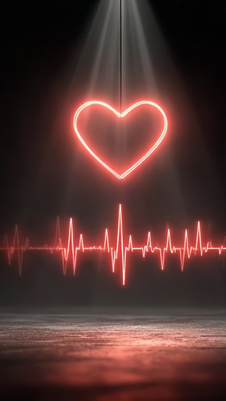 A Captivating Display of Love: A Neon Heart Hanging Beneath a Radiant Light, Accompanied by a Pulsating Heartbeat Line in an Inviting Atmosphere