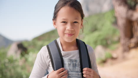 smile, face and girl on a hike with backpack