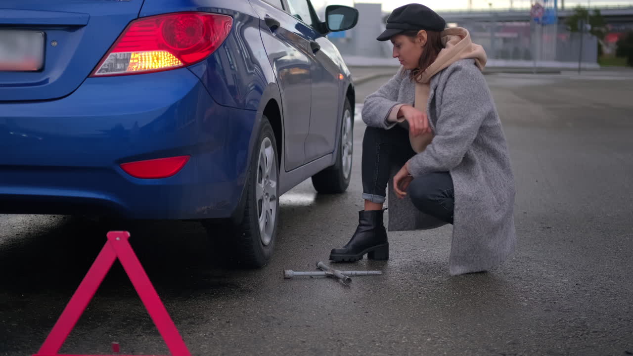 여자 가 도로  에 은 타이어 를 바꾸고 있다