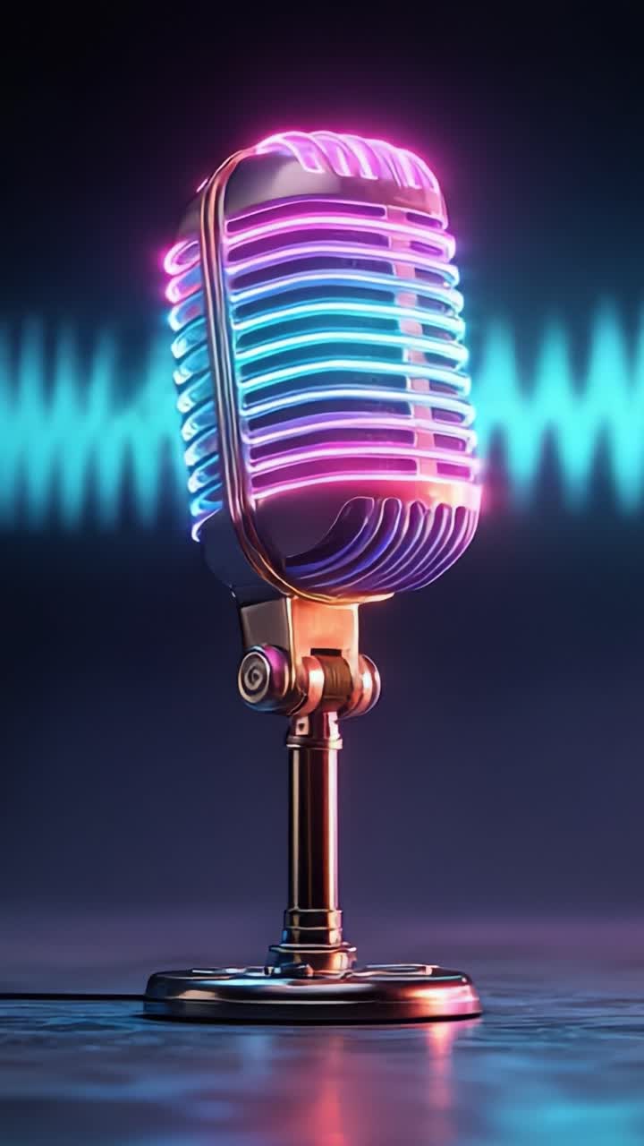 Una Straordinaria Esposizione di Microfono al Neon che Evidenzia le Onde Sonore: Un'Interpretazione Artistica della Tecnologia Audio e di Registrazione con Colori Vivaci e un Design Moderno