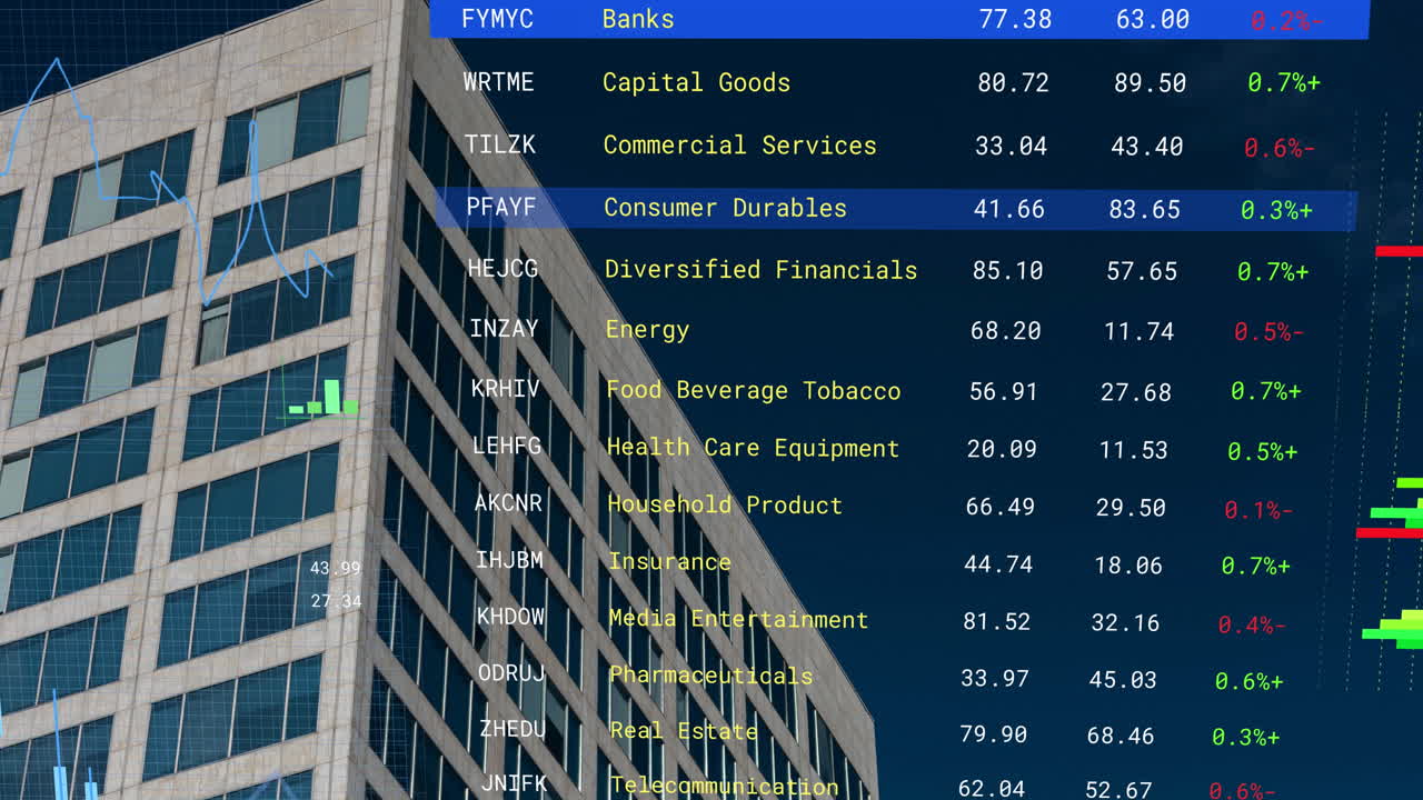 현대적인 건물 위에 금융 데이터 처리의 애니메이션