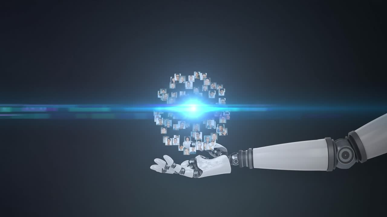 어두운 배경에 움직이는 빛과 함께 로 ⁇  팔의 손을 통해 사람들의 성장하는 네트워크의 애니메이션