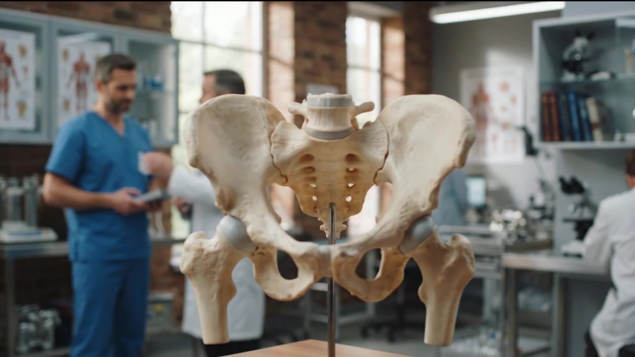 Doctors examining a large skeletal hip model during consultation in a detailed medical and healthcare scene