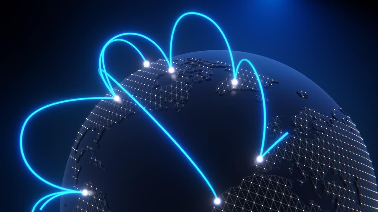 Tech earth globalization in 3d animation. Global Business dots on rotating planet.