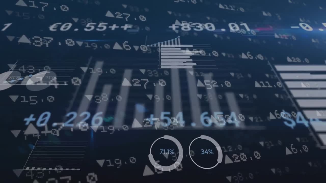 Animation of data processing and diagrams on black background