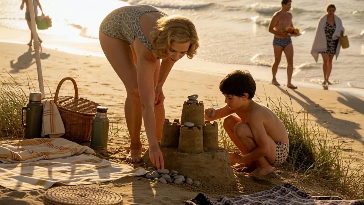 Building mom and boy in swimwear placing stones on sandcastle at beach sunlight inspiring