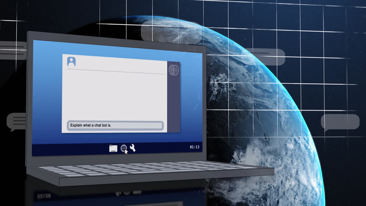 Animation of ai chat and data processing on laptop screen over globe and grid