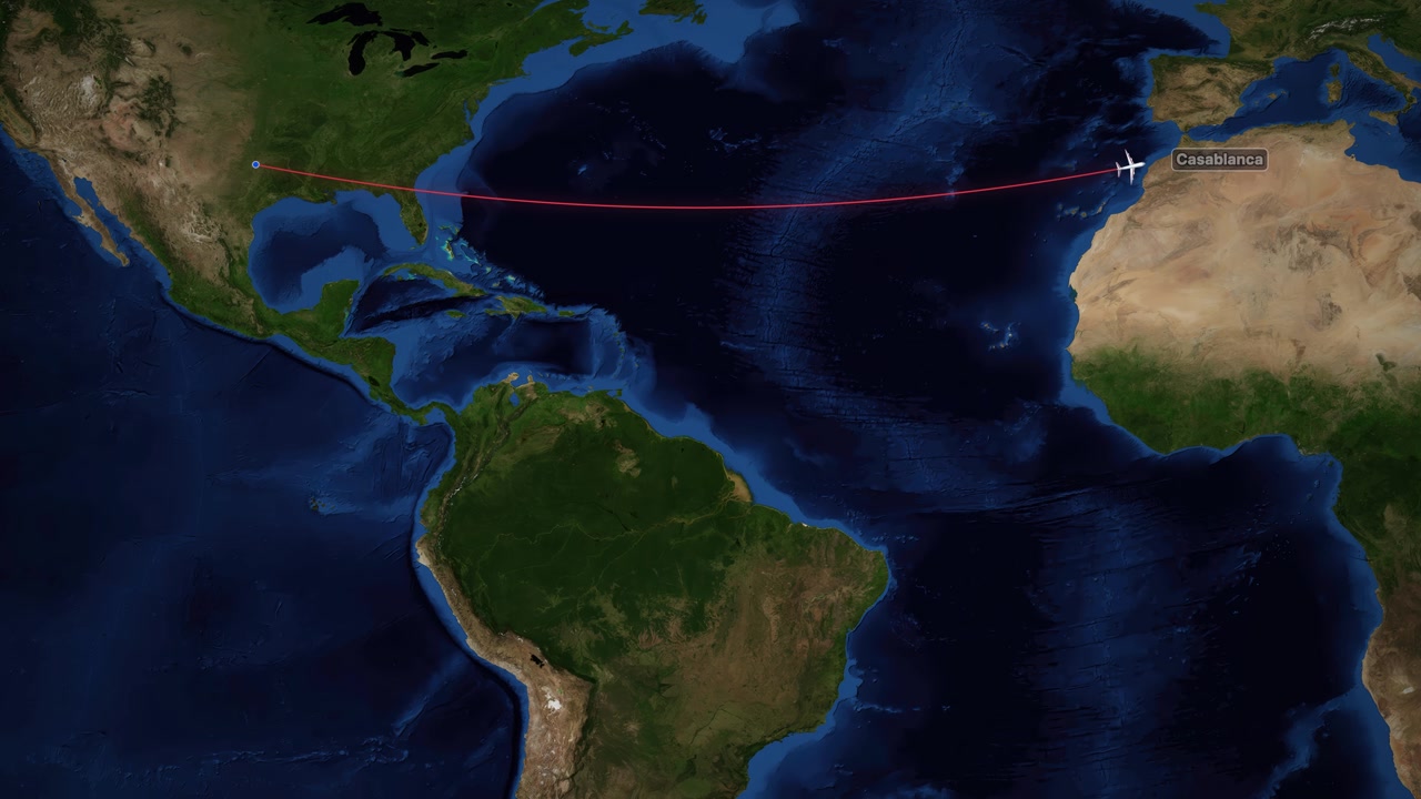 A digital airplane icon travels across a world map from Dallas to Casablanca, Morocco