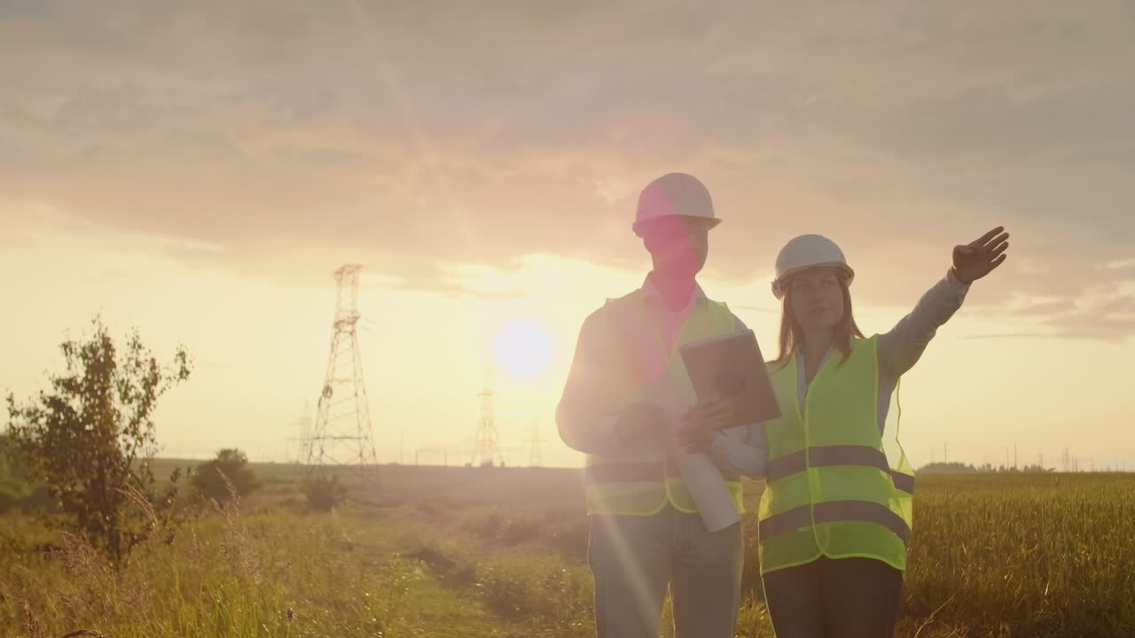 Ingenieros trabajando en una torre de alta tensión. Dos empleados, un hombre y una mujer, revisan la información en una tablet