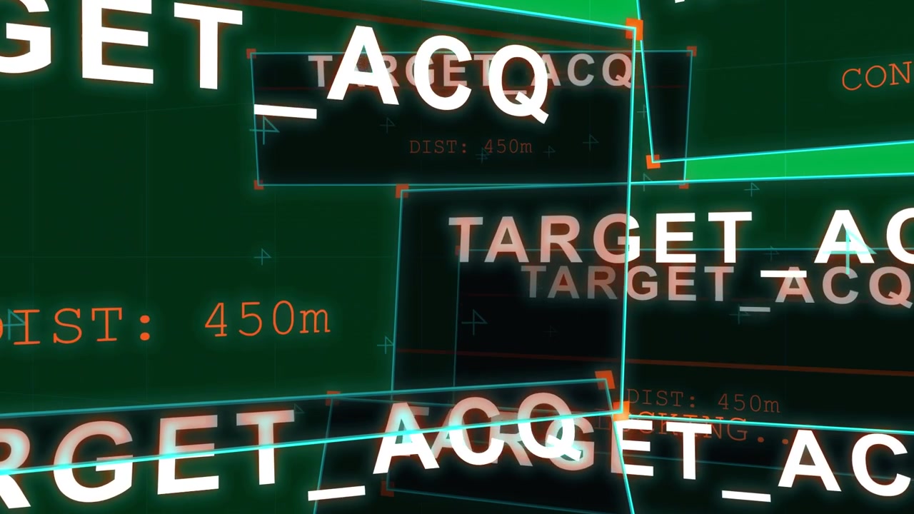 Camera zooming HUD panels unfolding TARGET_ACQ scaling 450m showing on transparent BG locking