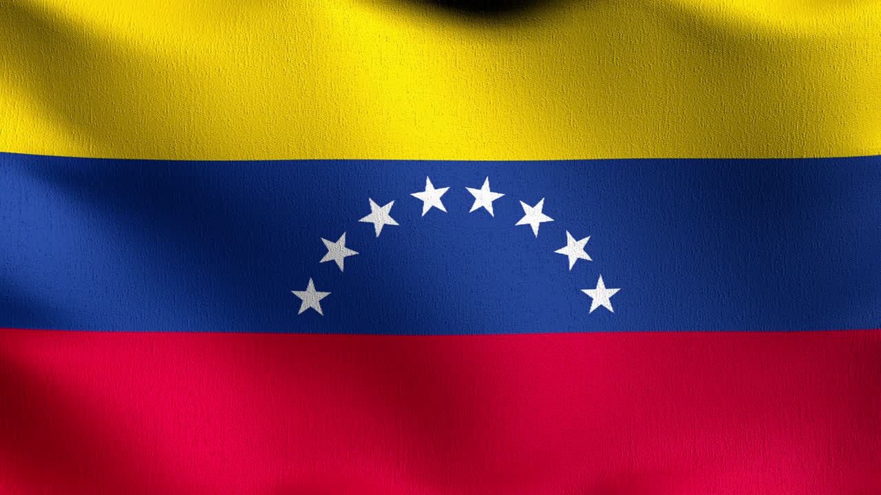 Loop Contínuo Vídeo 4K. Bandeira nacional da Venezuela tremulando ao vento isolada. Design abstrato patriótico oficial. Ilustração de renderização 3D de símbolo tremulando
