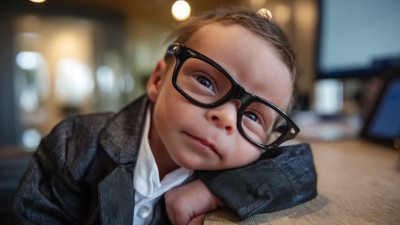 Adorabile bambino in abiti eleganti con occhiali, che mostra un'espressione intelligente mentre è seduto su un tavolo in un ambiente ufficio moderno