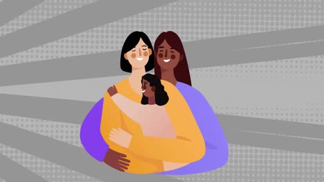 Animation-of-illustration-of-happy-gay-female-biracial-couple-hugging-with-daughter,-on-grey