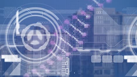 Animation-Des-Scope-Scannens-Und-Der-Datenverarbeitung-über-Der-Stadtlandschaft