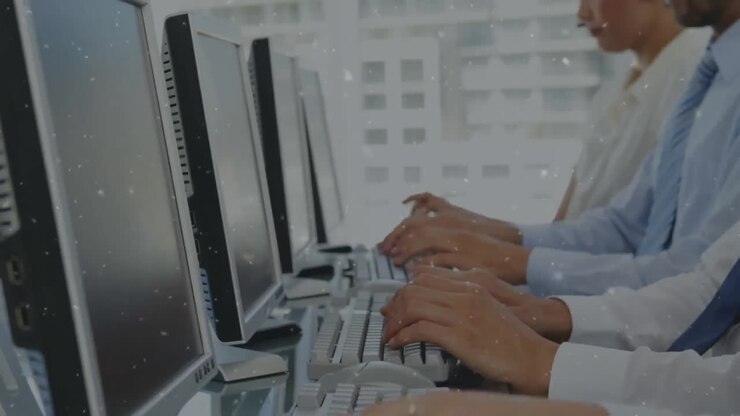 Animation of falling white spots over business people wearing phone headsets