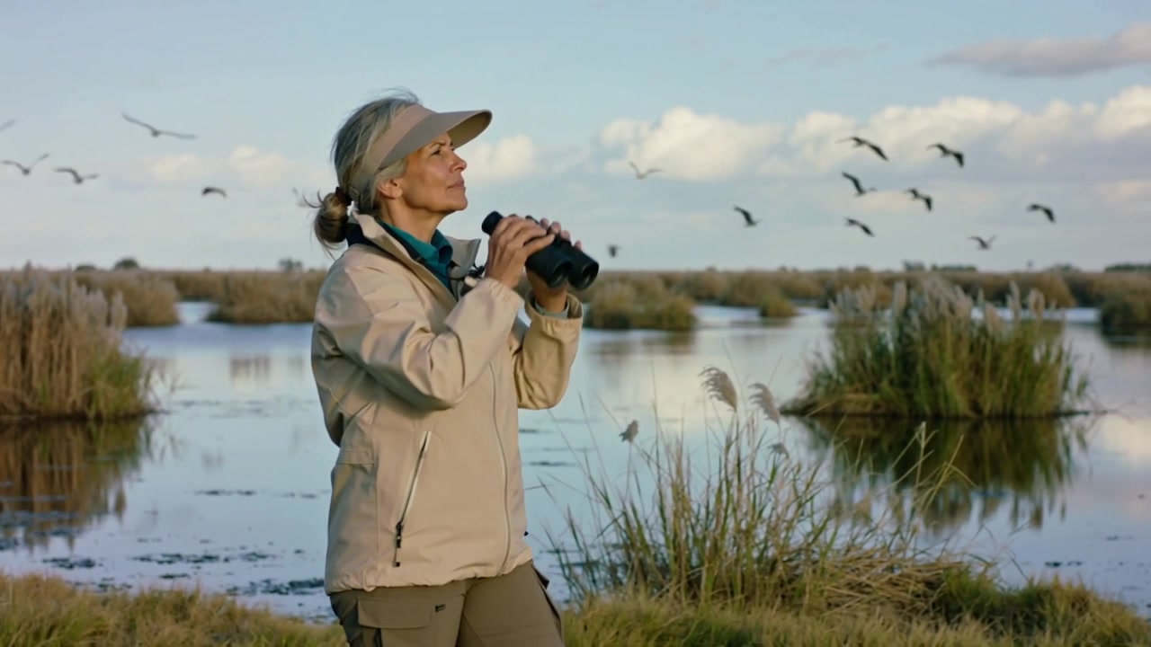 Nostaen mustat kiikarit, huivilla varustettu iäkäs nainen tarkkailee suota katsoen lintuparvia, tilaa tekstille.